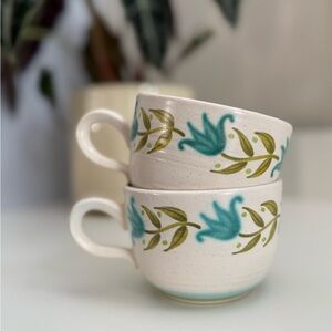 Tulip Ceramic Tea Cups Set of 2 - Turquoise & Olive Green Leaf Motif
